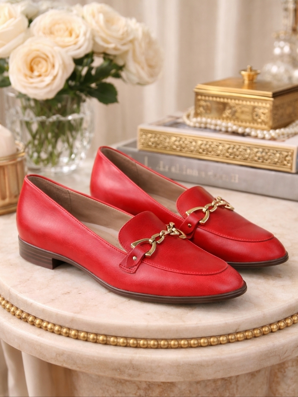 Naturalizer Red Leather Loafers Gold Hardware Horsebit Accent Size 7M Classic
